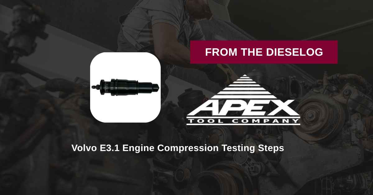 Step-by-step close up view of heavy-duty diesel engine compression testing adapter resting on a workshop workbench